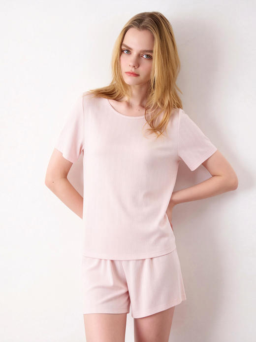 官网890！华家裸感天丝莫代尔睡衣套装 舒适透气网眼提花短袖短裤家居服套装圆领睡衣裤女 商品图0