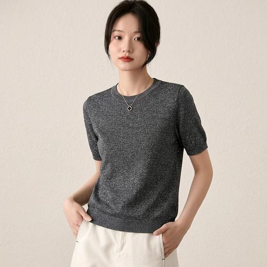 星辰摇曳~圆领亮片正肩百搭短袖女天丝亚麻针织衫休闲宽松KSM7211 商品图2