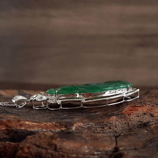 【天然正品】A货翡翠AU750收藏级白金豪镶钻镶天然细腻糯冰种满绿如意（万事如意）翡翠吊坠项链60.7*24.6*9.6MM（皆取最大值）141125AH17 商品图8