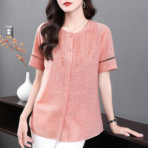 大码短袖衬衫女纯棉夏季遮肚子宽松粉色上衣洋气女装2026新款衬衣 商品图3