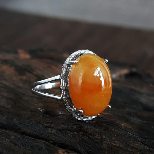 【天然正品】A货翡翠AU750白金镶钻镶天然细腻细豆种蛋面黄翡翡翠戒指18号（皆取最大值）141125AH11 商品图4