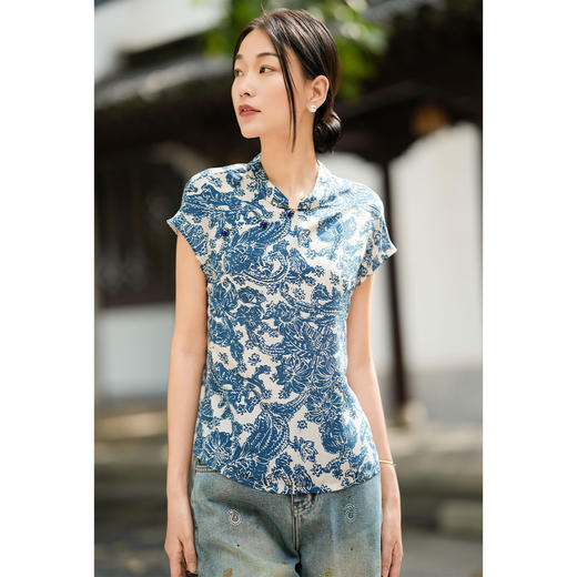 「高货kbnq」全新升级【铂金会员395/天猫529/差价134】(03852)洛诗琳轻奢真丝双绉立领上衣2026新中式国风短袖衬衫 商品图0