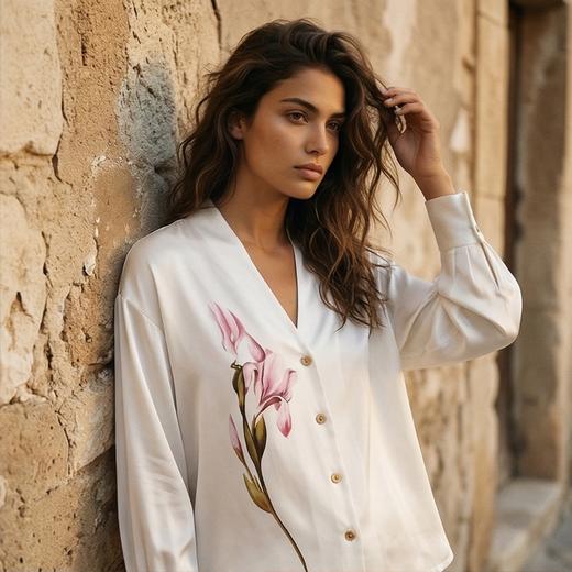 东方鸢尾』桑罗SANGLUO中式V领睡衣套装桑蚕丝女长袖家居服外穿【100%桑蚕丝,19姆米素绉缎】03B22859 商品图2