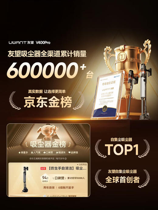 UWANT【国货吸尘器NO.1】友望吸尘器V400Pro家用无线大吸力自集尘【仿生手自清洁】强力车用手持 商品图1