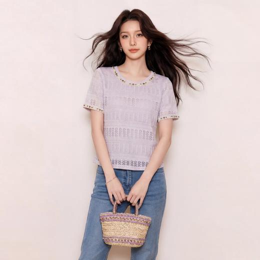 奢姿大码女装2026夏季钉珠花边减龄针织衫胖妹妹镂空圆领时尚上衣9962260089 商品图4