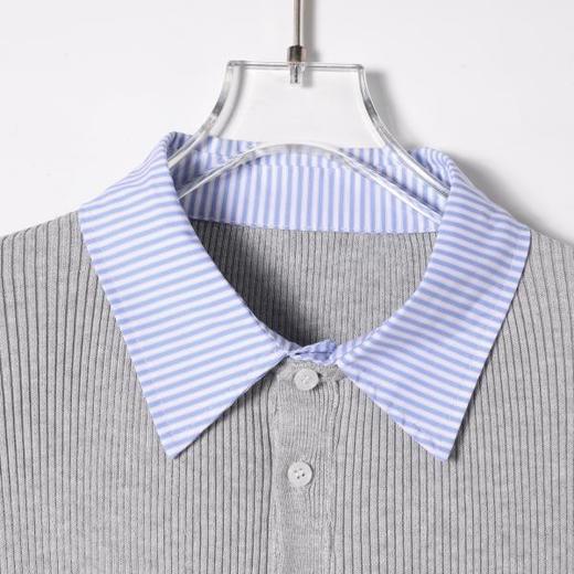 SDSA男装2026新款高贵轻奢学院风条纹拼接针织翻领假两件T恤百搭 商品图1