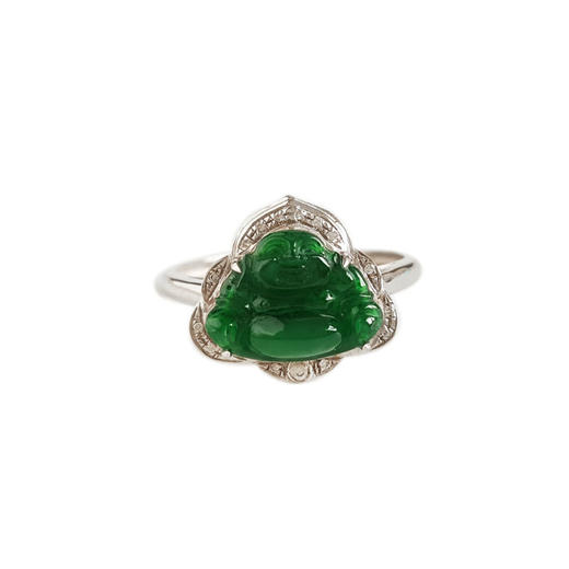 【天然正品】A货翡翠AU750白金镶钻镶天然细腻冰种满绿佛公翡翠戒指14号（戒圈可改）131125AH26 商品图0