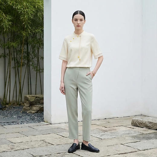 PALUOPO/PL文静雅致重磅桑蚕丝新中式立领斜襟暗纹纯色T恤ES2F0213Z帕罗 商品图3