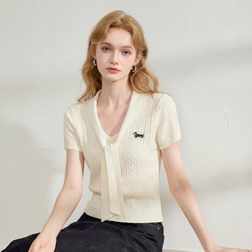 西遇系带V领短袖针织衫女2026春新款小狗刺绣气质领带小众上衣H0060260 商品图4