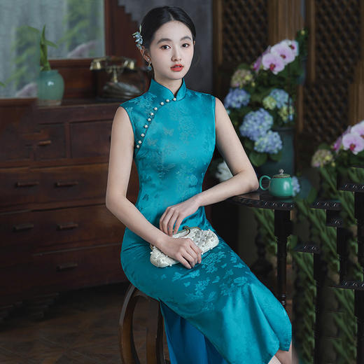 夏季蓝绿色国风新中式无袖长款旗袍改良年轻款高级感宴会礼服旗袍SC21464 商品图4