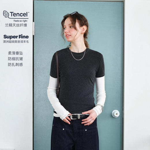 714street夏季老钱针织上衣莱赛尔美丽诺羊毛混纺修身短袖T恤女款 商品图0