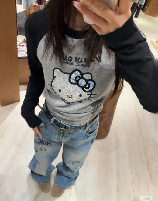 F040722春季新款甜美辣妹风HelloKitty猫咪蕾丝蝴蝶结刺绣圆领修身插肩袖T恤长袖 商品图3