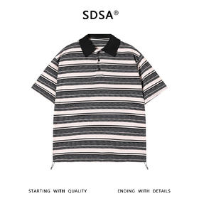 SDSA男装2026新款轻奢复古彩点条纹Polo衫撞色领抽绳下摆休闲短袖