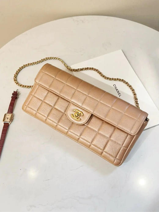 CHANEL Vintage 冰格 香槟色 金扣 羊皮 横版 法棍 链条包 商品图0