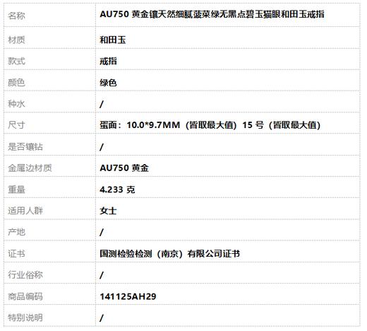 【天然正品】AU750黄金镶天然细腻菠菜绿无黑点碧玉猫眼和田玉戒指15号（皆取最大值）141125AH29 商品图8