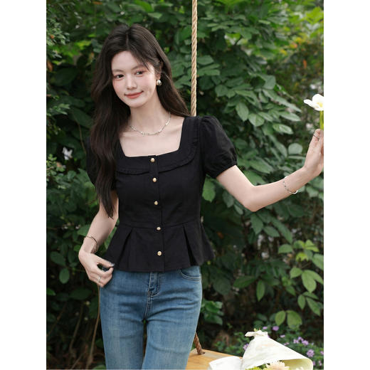 鹿向南「悸动心事」法式方领黑色短袖衬衫女夏季设计感小香风上衣 商品图3