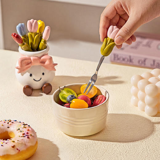 摩登主妇304不锈钢水果叉子高级感水果签手绘釉下彩甜品叉收纳罐 商品图4