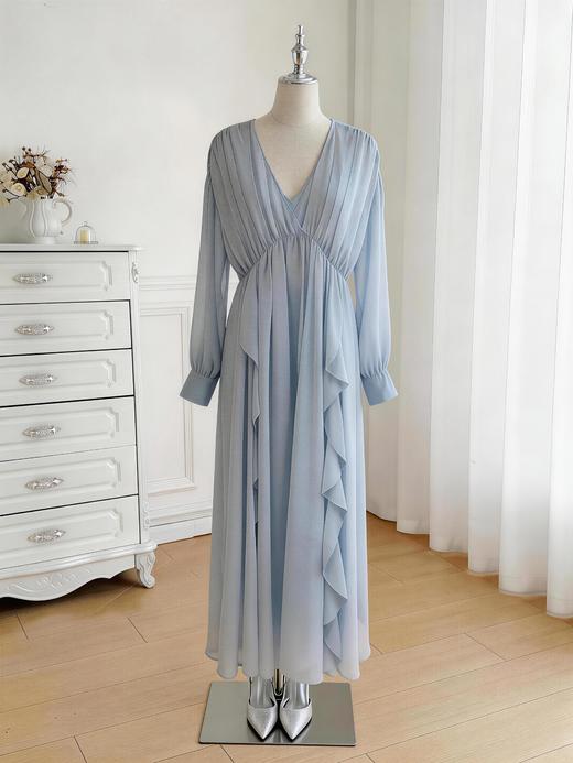 【孤品样衣，不退不换】荷叶边裙摆，大长款轻薄前后V领宽松连衣裙 商品图0