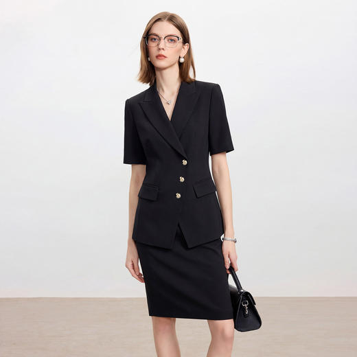 IWY/黑色短袖西装套装女夏职业装收腰阔腿裤两件套商务通勤正装6CP33 商品图3