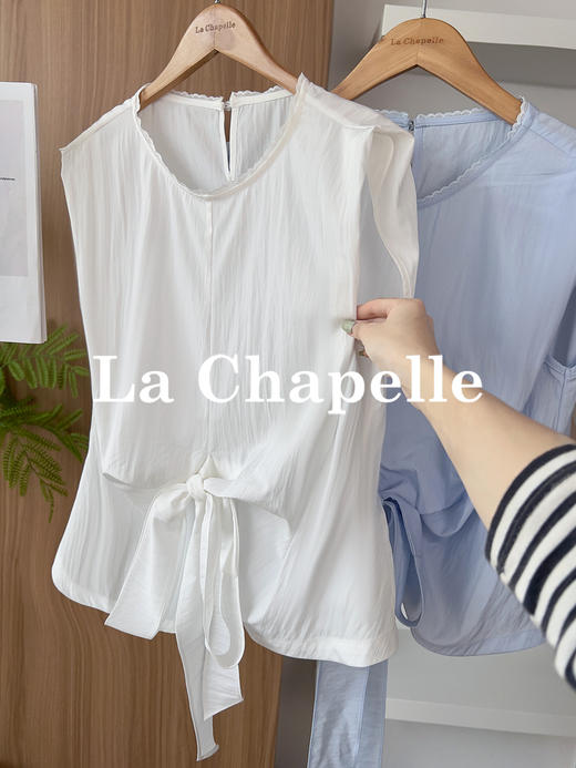专柜实拍【小众设计！】拉夏贝尔/La Chapelle蕾丝圆领拼接花边下摆褶皱系带无袖小衫简约净版薄上衣 商品图2