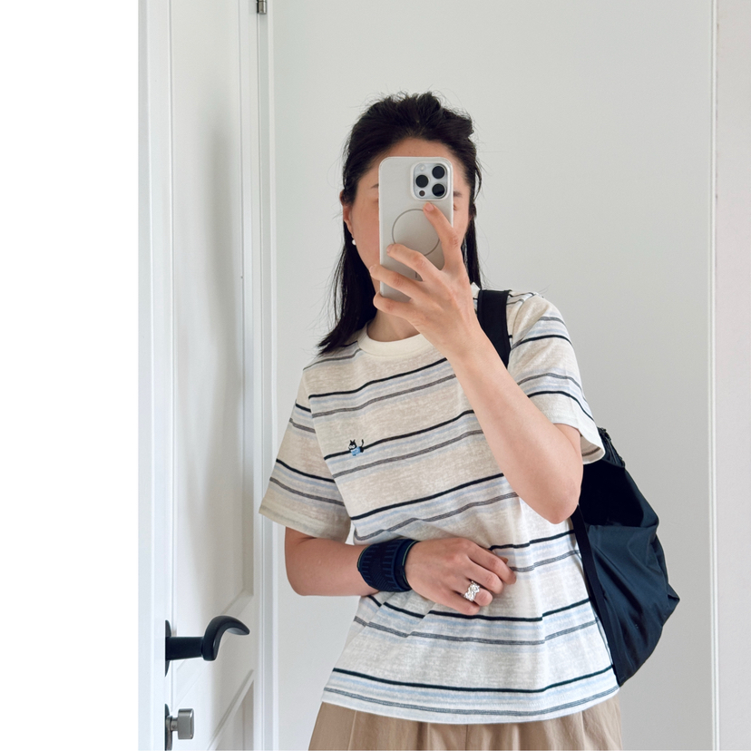 跑量！松弛感-猫咪刺绣撞色条纹短袖T【包邮+三天无理由退换】