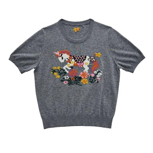 「高货rp」全新升级【铂金会员275/天猫369/差价94】(12448)洛诗琳重工小马刺绣薄款羊毛短袖女2026新款羊毛针织T恤女 商品图4