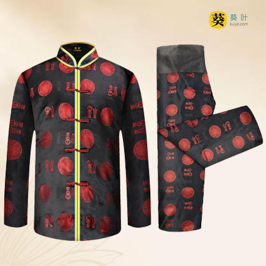 男士薄款织锦唐装黑底红福团6件套寿衣寿服套装 商品图1