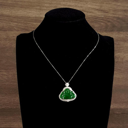 【天然正品】A货翡翠AU750收藏级白金豪镶钻镶天然细腻满绿冰种佛公造型翡翠吊坠项链37.1*34.1*12.1MM（皆取最大值）260326NJS16 商品图9