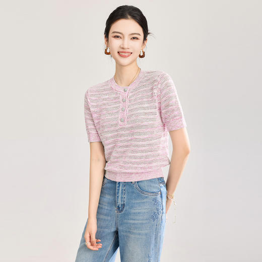 「高货wl」全新升级【铂金会员183/天猫249/差价66】(03748)洛诗琳立体段染织花短袖上衣2026新款显瘦亮片镂空针织T恤 商品图1