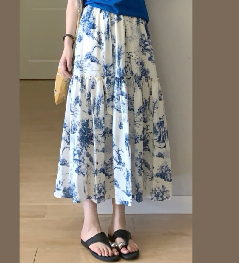 【百图lulu定制】【墨云半裙】【预售4月19日发】行云流水 水墨画 宽松荷叶边带腰带 印花半裙