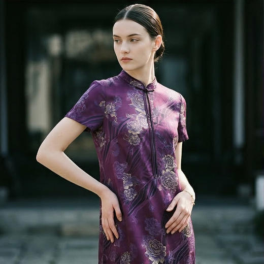 PALUOPO/PL重磅花罗桑蚕丝圆领复古精致印花旗袍减龄显瘦直筒连衣裙ES250052Z 商品图2