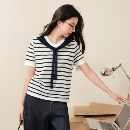 【商场同款】诗凡黎百搭系带针织衫25夏新款条纹上衣3G5131961 商品图0