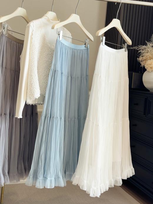 法式温柔风 中长款大摆伞裙 女春夏季新款高腰网纱A字裙 褶皱百褶半身裙 商品图6