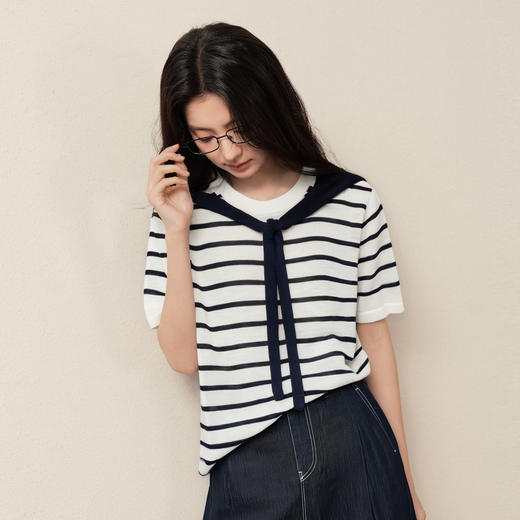 【商场同款】诗凡黎百搭系带针织衫25夏新款条纹上衣3G5131961 商品图4