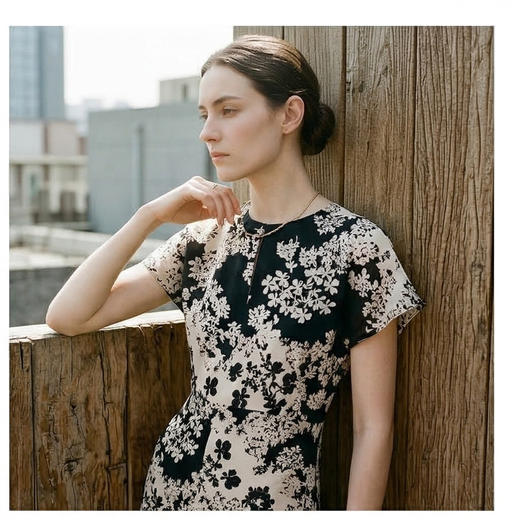 PALUOPO/PL圆领时尚小众桑蚕丝碎花裙双绉真丝连衣裙ES23833Z-A 商品图1