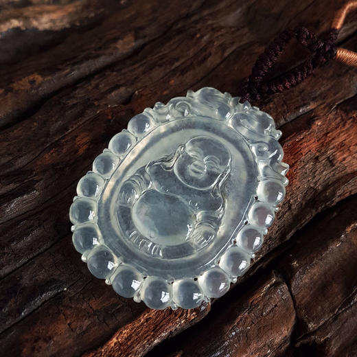 【天然正品】A货翡翠天然细腻冰种连珠瑞兽纹佛公造型（平安吉祥、福气满满）翡翠吊坠项链43.7*33.3*4.7MM（皆取最大值）220326TJ14 商品图4