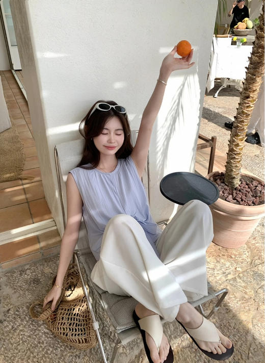 专柜实拍【小众设计！】拉夏贝尔/La Chapelle蕾丝圆领拼接花边下摆褶皱系带无袖小衫简约净版薄上衣 商品图10