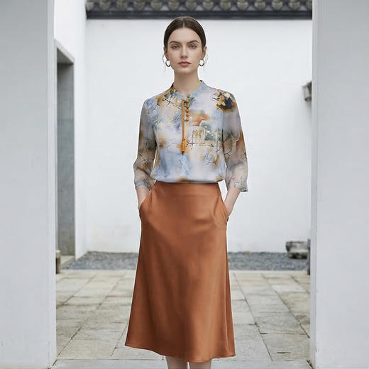 PALUOPO/PL优雅国风立领复古盘扣领桑蚕丝上衣七分袖T恤ES23223Z-A 商品图0