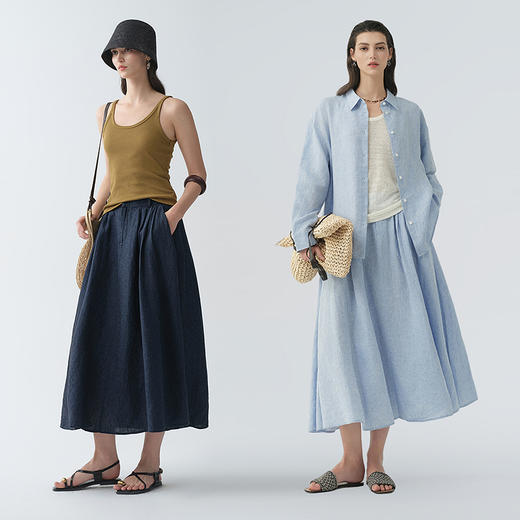 初棉色织亚麻伞裙 | 面料舒适透气、优雅百搭、伞型裙摆修饰腿型、夏日休闲百搭【HZ】 商品图4