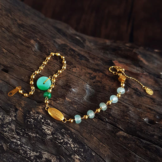 【天然正品】A货翡翠AU750黄金镶天然细腻糯种飘辣阳绿平安扣配冰种桶珠翡翠手链 链长：21CM（长度可调节）080426XY18 商品图2