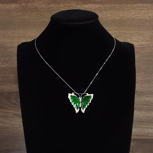 【天然正品】A货翡翠AU750白金镶钻镶天然细腻满绿糯种蝴蝶造型翡翠胸针项链40.4*32.4*7.6MM（皆取最大值）250326NJM12 商品图7