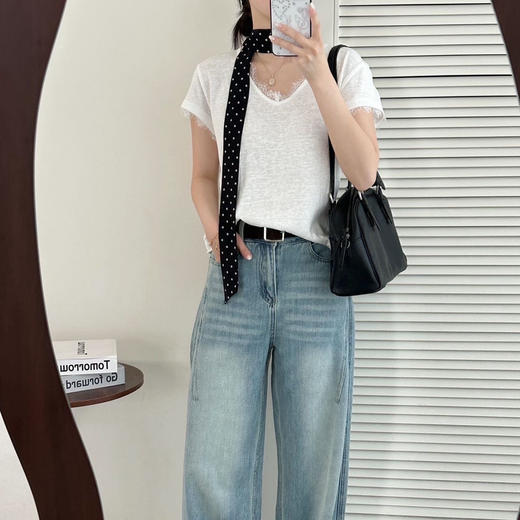 【睫毛蕾丝边T恤】V领设计穿出天鹅颈 雪花棉自带肌理感 质地骨感而透气 商品图3