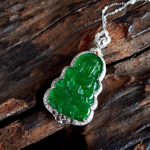 【天然正品】A货翡翠AU750收藏级白金豪镶钻镶天然细腻满绿冰种观音造型翡翠吊坠项链40.0*20.0*9.4MM（皆取最大值）260326NJS15 商品图5