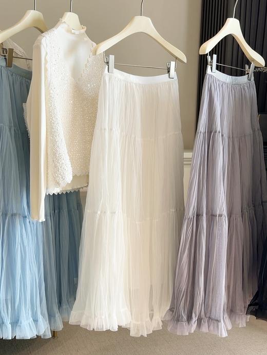 法式温柔风 中长款大摆伞裙 女春夏季新款高腰网纱A字裙 褶皱百褶半身裙 商品图4