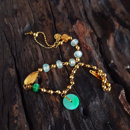 【天然正品】A货翡翠AU750黄金镶天然细腻糯种飘辣阳绿平安扣配冰种桶珠翡翠手链 链长：21CM（长度可调节）080426XY18 商品图4