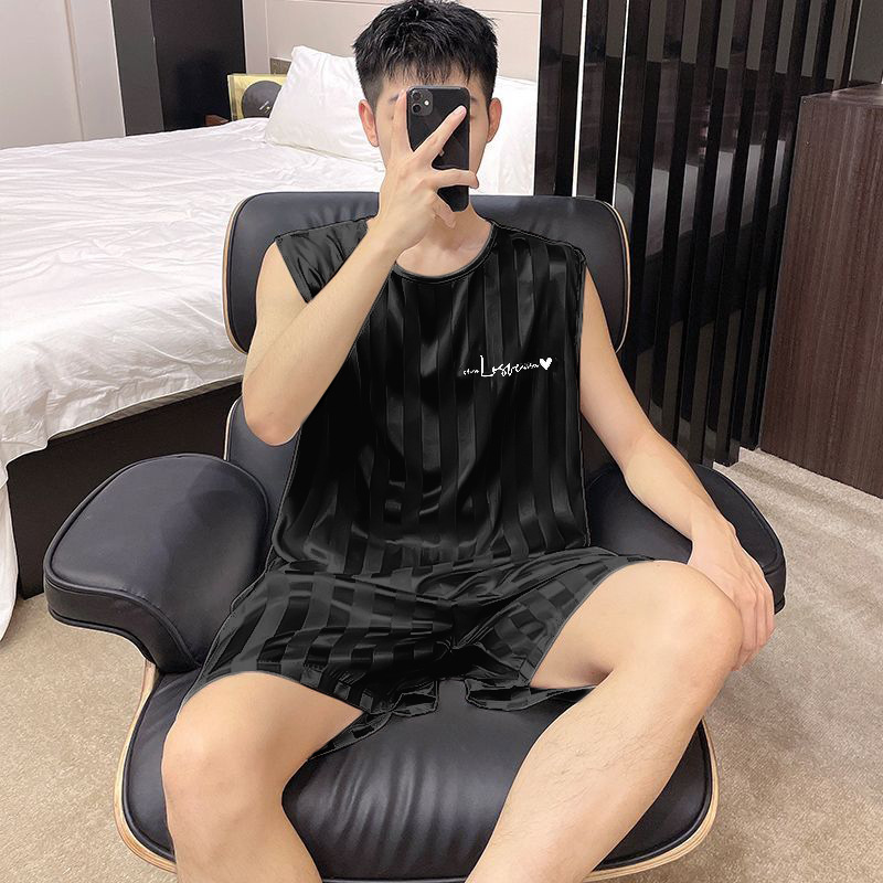 【一触即凉❗️无袖睡衣套装】夏季居家穿搭选择，冰丝面料凉感舒适，无袖设计清爽透气，条纹元素潮流百搭，宽松版型适配多种身形，休闲宽松纯色条纹凉感冰丝背心家居服套装可外穿QQ