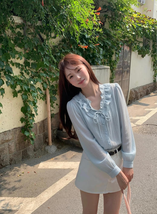 专柜实拍【醋酸+天丝！轻奢】拉夏贝尔/La Chapelle甜美减龄！莱赛尔醋酸混纺~气质好穿木耳边系带衬衫宽松显瘦上衣 商品图9