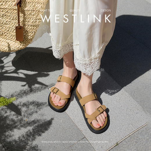 西遇厚底勃肯凉拖鞋女外穿夏季2026新款平底夹脚海边超火沙滩鞋V0066414 商品图1