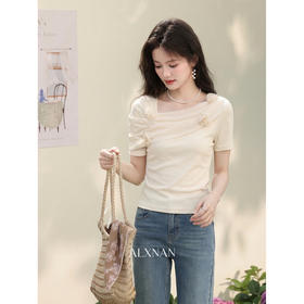 鹿向南「琉璃花海」小众设计感杏色短袖t恤女夏季法式巨好看上衣