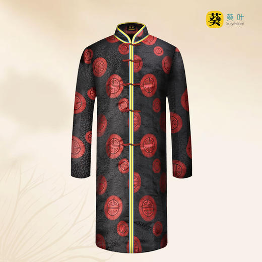男士织锦长袍黑底红三元寿（对襟）薄款5件套寿衣寿服套装 商品图1